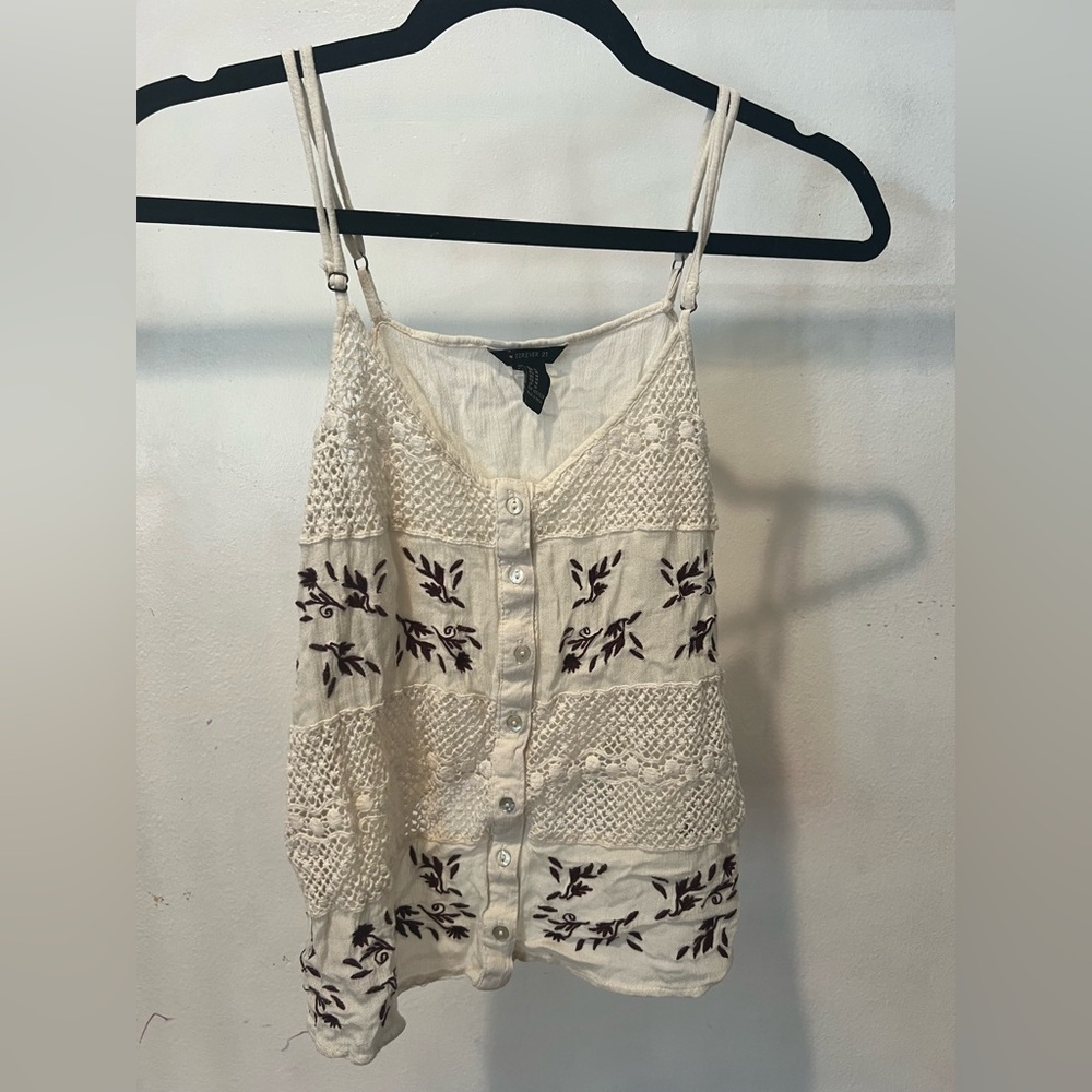 forever 21 | Embroidered Ivory thin strap Top